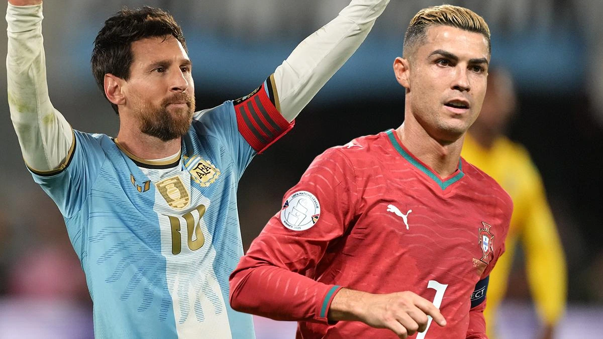 Published graphic combining a crop of the same Messi photograph with a separate image of Ronaldo.