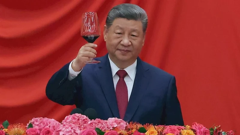 Published crop of the same photograph, focused more closely on Xi Jinping and the glass.